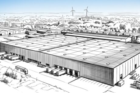 Ein großes Industrielager mit Laderampen und Lastwagen im Freien, in einem Gebiet mit Windkraftanlagen und Gebäuden im Hintergrund.