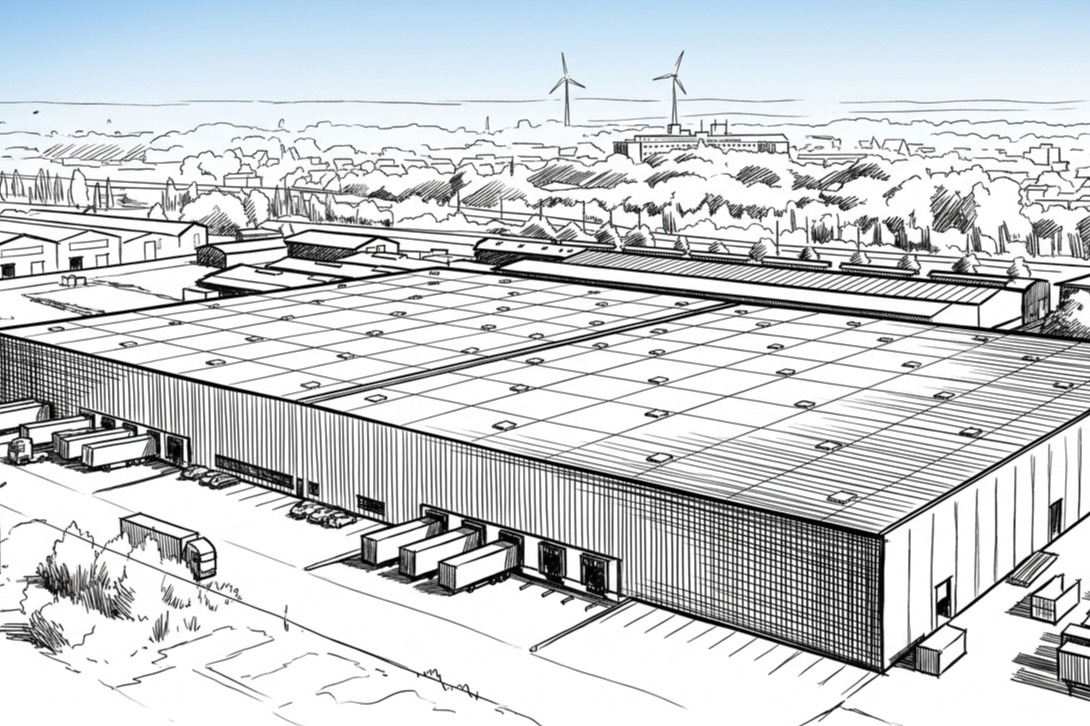 Ein großes Industrielager mit Laderampen und Lastwagen im Freien, in einem Gebiet mit Windkraftanlagen und Gebäuden im Hintergrund.