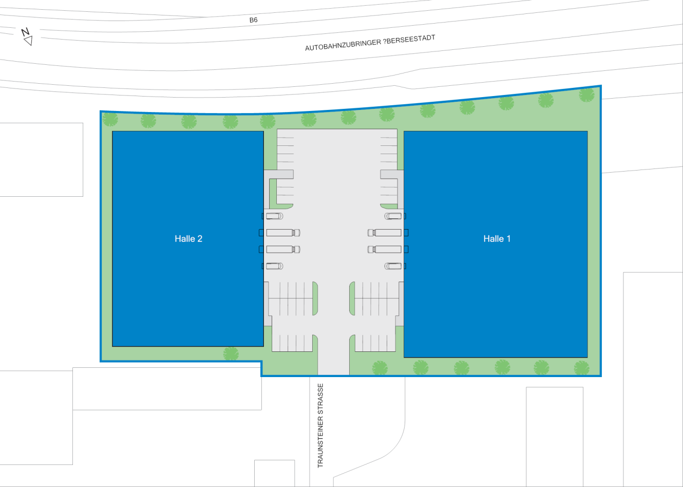 Lageplan mit zwei großen blauen Gebäuden mit den Bezeichnungen Halle 1 und Halle 2, einem zentralen Parkplatz mit Autos und Grünflächen mit Bäumen drum herum.