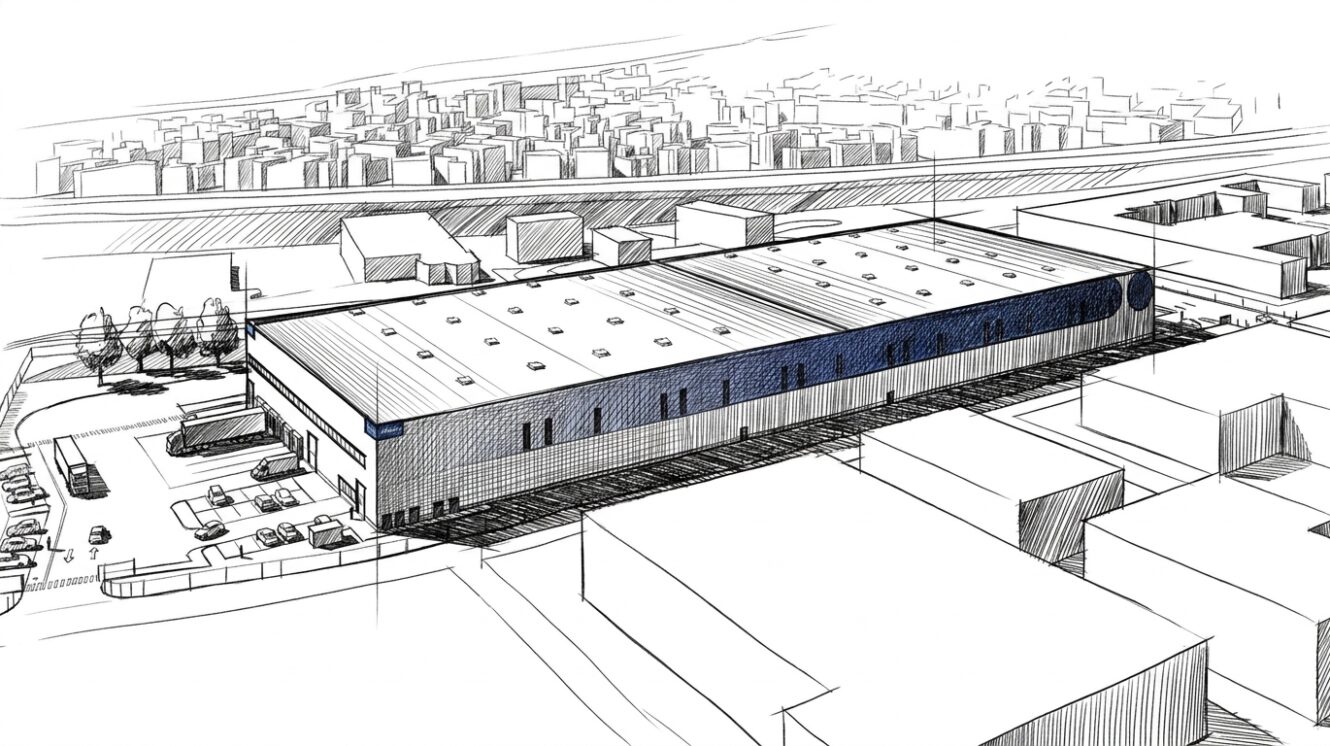 Luftbildskizze eines großen rechteckigen Industrielagers mit umliegendem Parkplatz inmitten von Gebäuden in einer Stadtlandschaft.