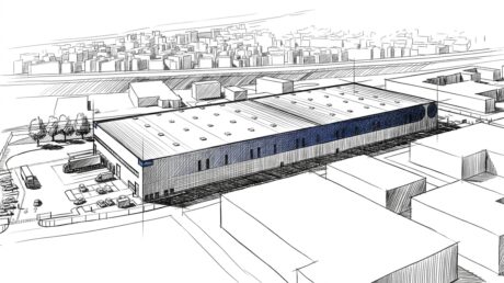 Luftbildskizze eines großen rechteckigen Industrielagers mit umliegendem Parkplatz inmitten von Gebäuden in einer Stadtlandschaft.