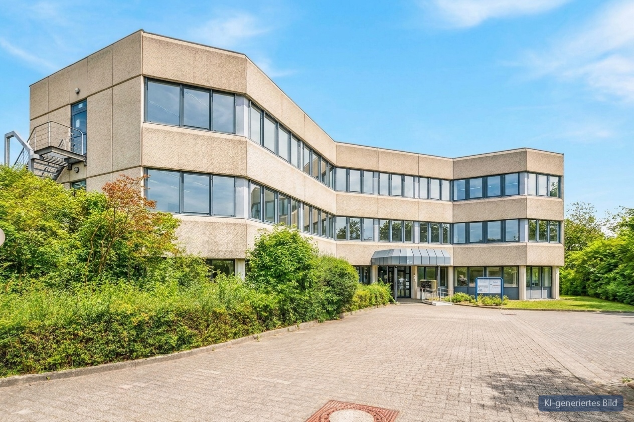Ein dreistöckiges Bürogebäude mit großen Fenstern, einer beigen Fassade und einem gepflasterten Eingangsbereich, umgeben von Grünflächen unter blauem Himmel.