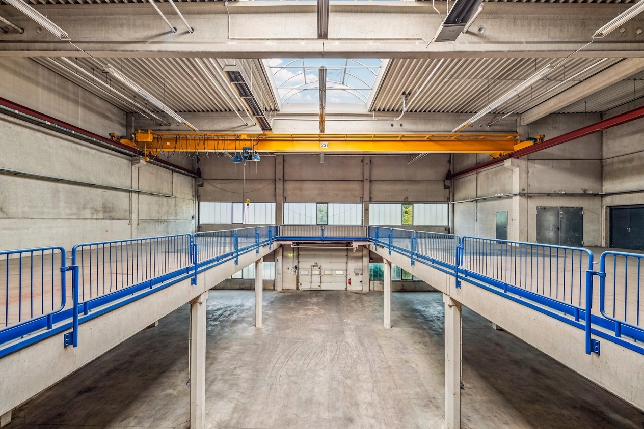 Innenansicht einer leeren Industriehalle mit Betonböden, blauen Geländern auf einem Zwischengeschoss und einem gelben Laufkran unter einem Oberlicht.