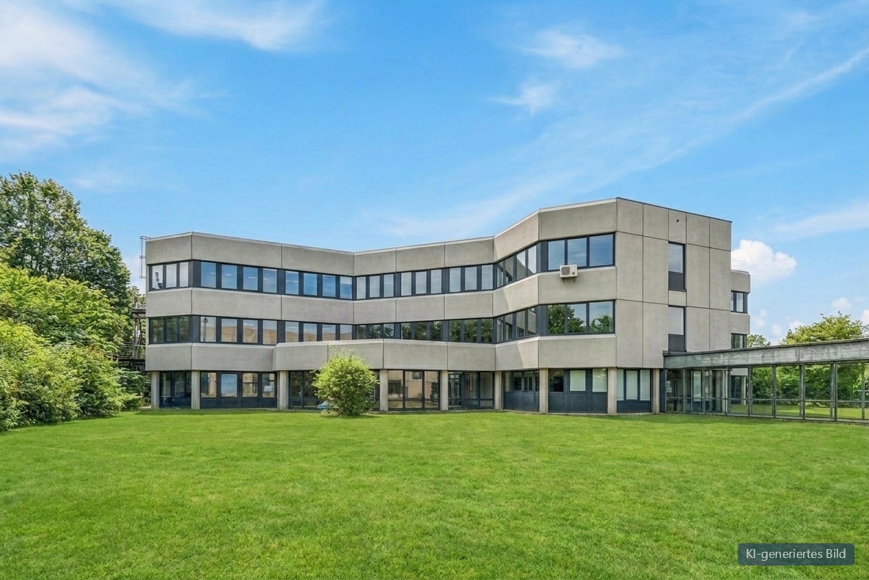 Ein dreistöckiges, modernes Bürogebäude mit großen Fenstern und einem Flachdach, umgeben von einer grünen Rasenfläche und Bäumen unter blauem Himmel.