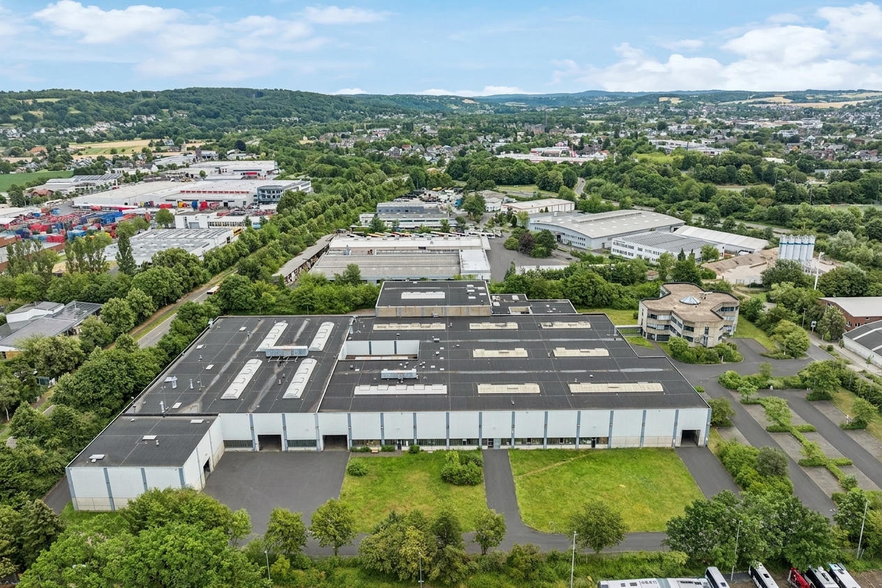 Luftaufnahme eines großen Industrie- und Lagerkomplexes, umgeben von Grünflächen, Parkplätzen und weiteren Industriegebäuden, im Hintergrund sind Hügel und eine Stadtlandschaft zu sehen.