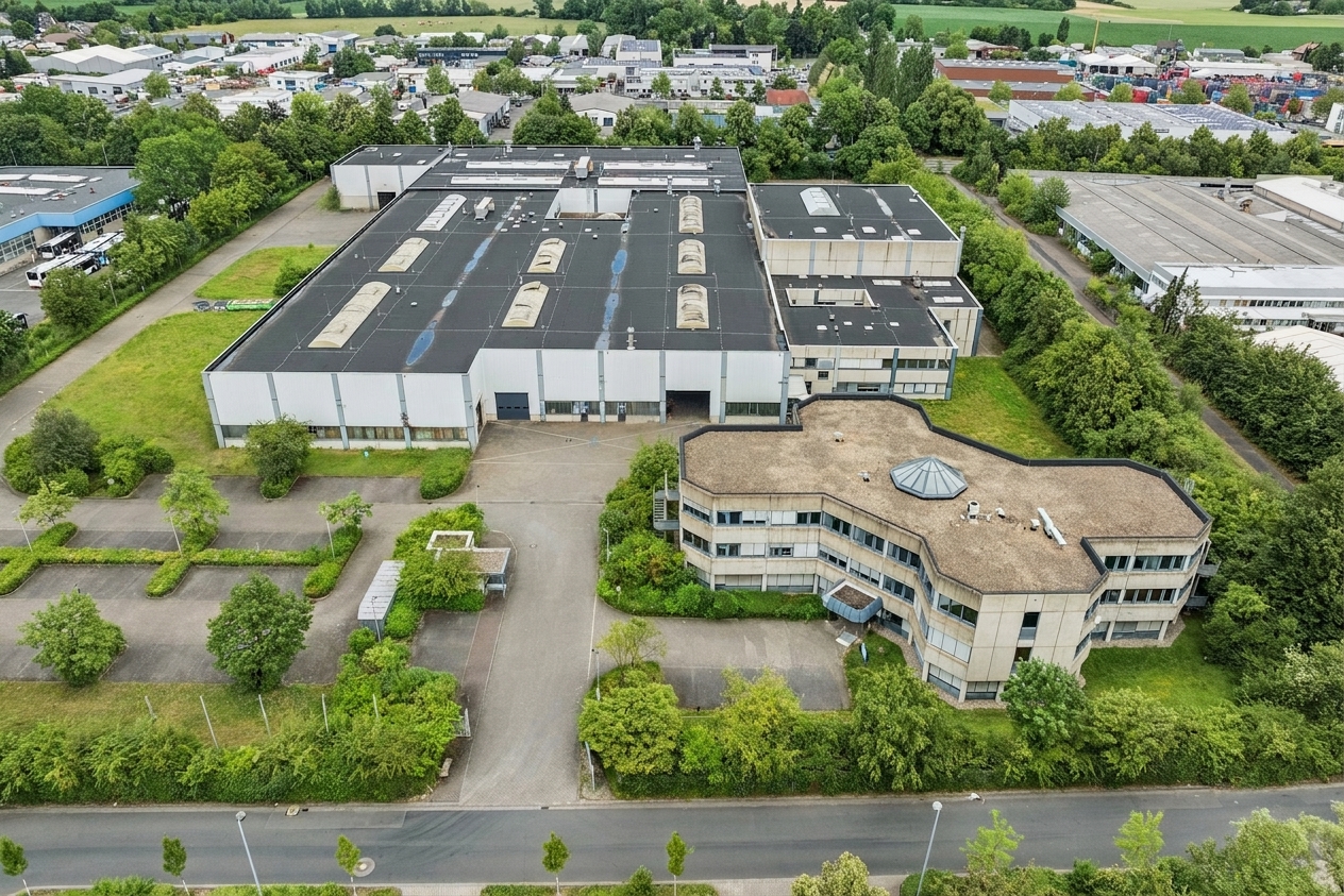 Luftaufnahme eines großen Industriegebäudekomplexes mit Parkplätzen, Bäumen und den umliegenden Straßen in einem Vorortgebiet.