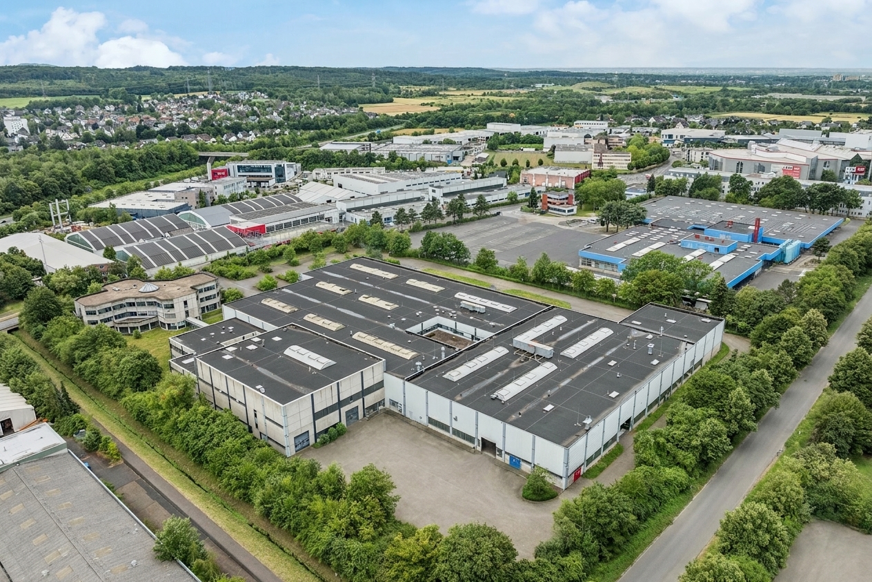 Luftaufnahme eines großen Industriekomplexes mit mehreren Lagerhallen, umgeben von Bäumen, Straßen, Parkplätzen und nahegelegenen Gewerbegebäuden in einem Vorortgebiet.