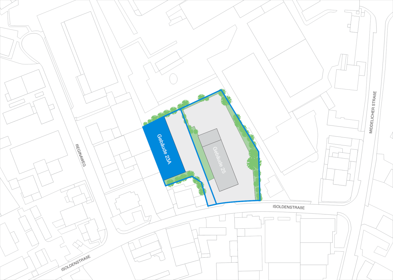 Lageplan, auf dem die beiden Gebäude „Gebäude 25A“ und „Gebäude 25“ blau hervorgehoben sind und die angrenzenden Straßen sowie die Umgebung grau umrandet sind.