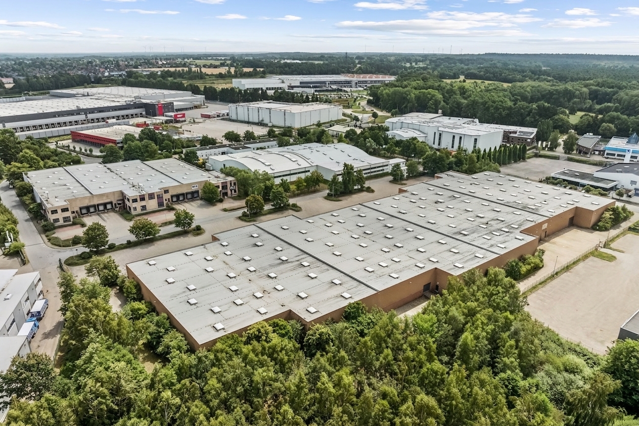 Luftaufnahme eines Industriegebiets mit mehreren großen Lagerhallen, Bäumen und Parkplätzen.