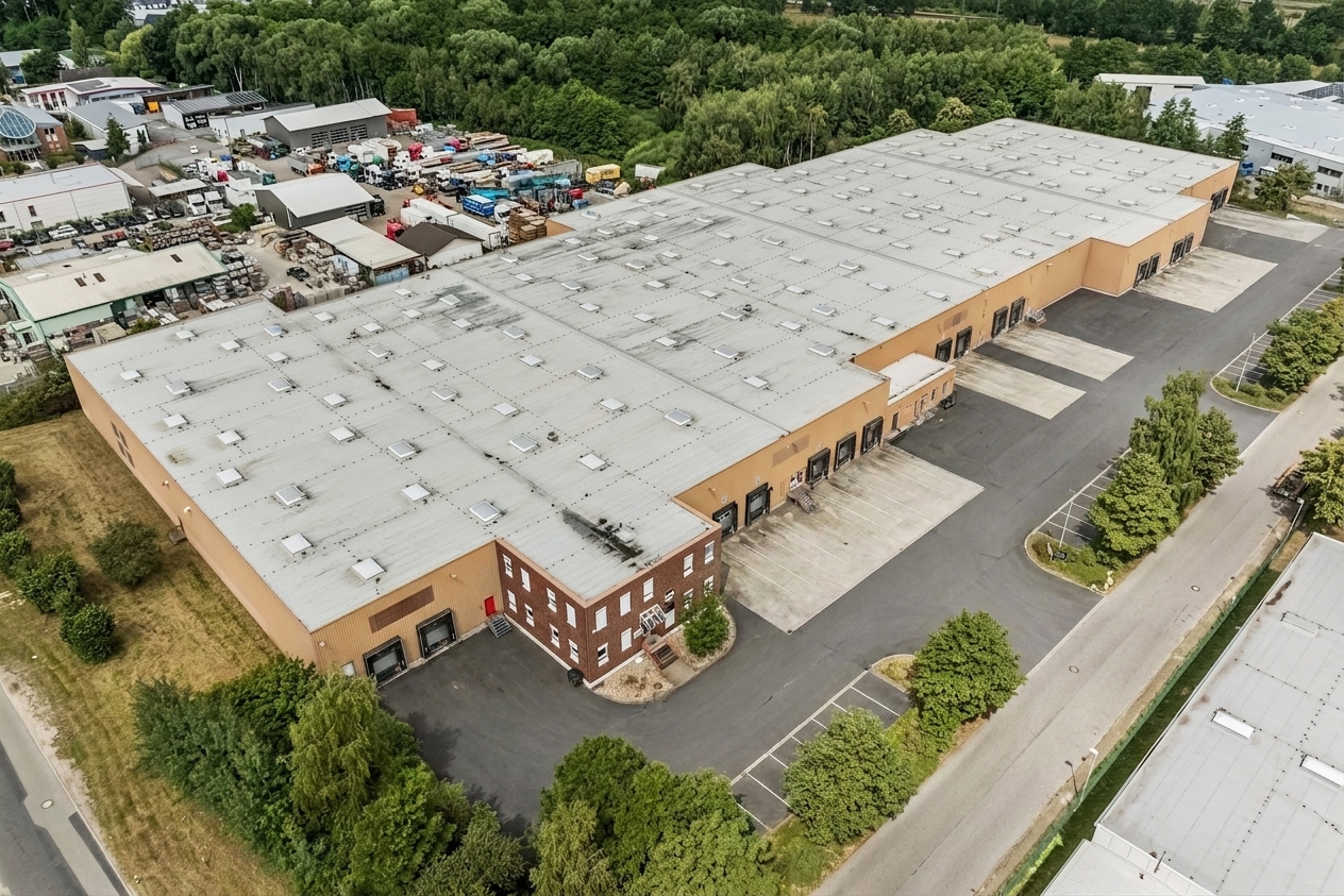 Luftaufnahme eines großen, beigen Lagerhauses mit mehreren Laderampen, umgeben von Parkplätzen, Grünflächen und einem angrenzenden Industriegelände.