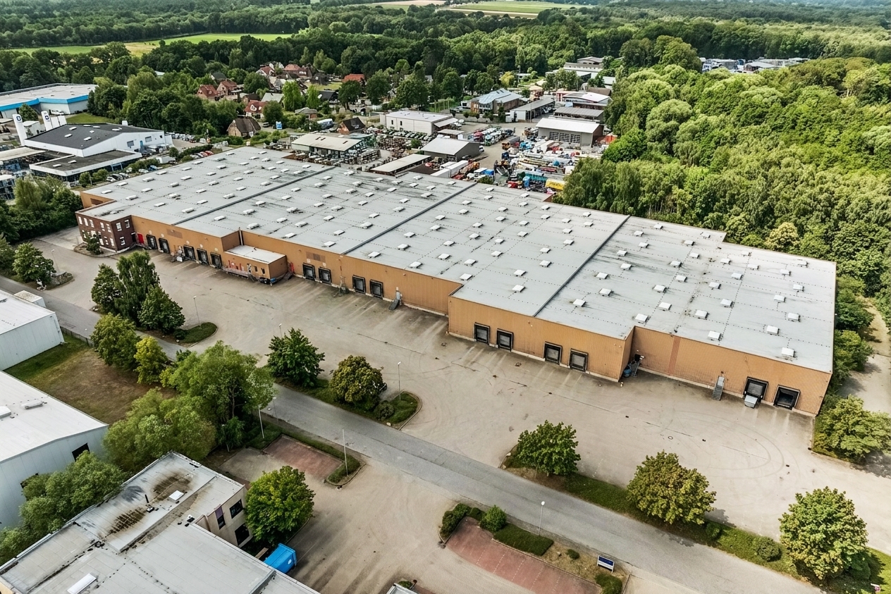 Luftaufnahme eines großen Lagergebäudes mit Laderampen, umgeben von Bäumen, Straßen sowie nahegelegenen Industrie- und Wohngebieten.