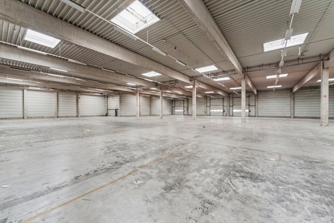 Großes, leeres Lagerhaus mit Betonboden, hoher Decke, Oberlichtern und freiliegenden Balken. Die Wände sind mit Metallpaneelen und Fenstern verkleidet. Der gut beleuchtete Raum steht leer.