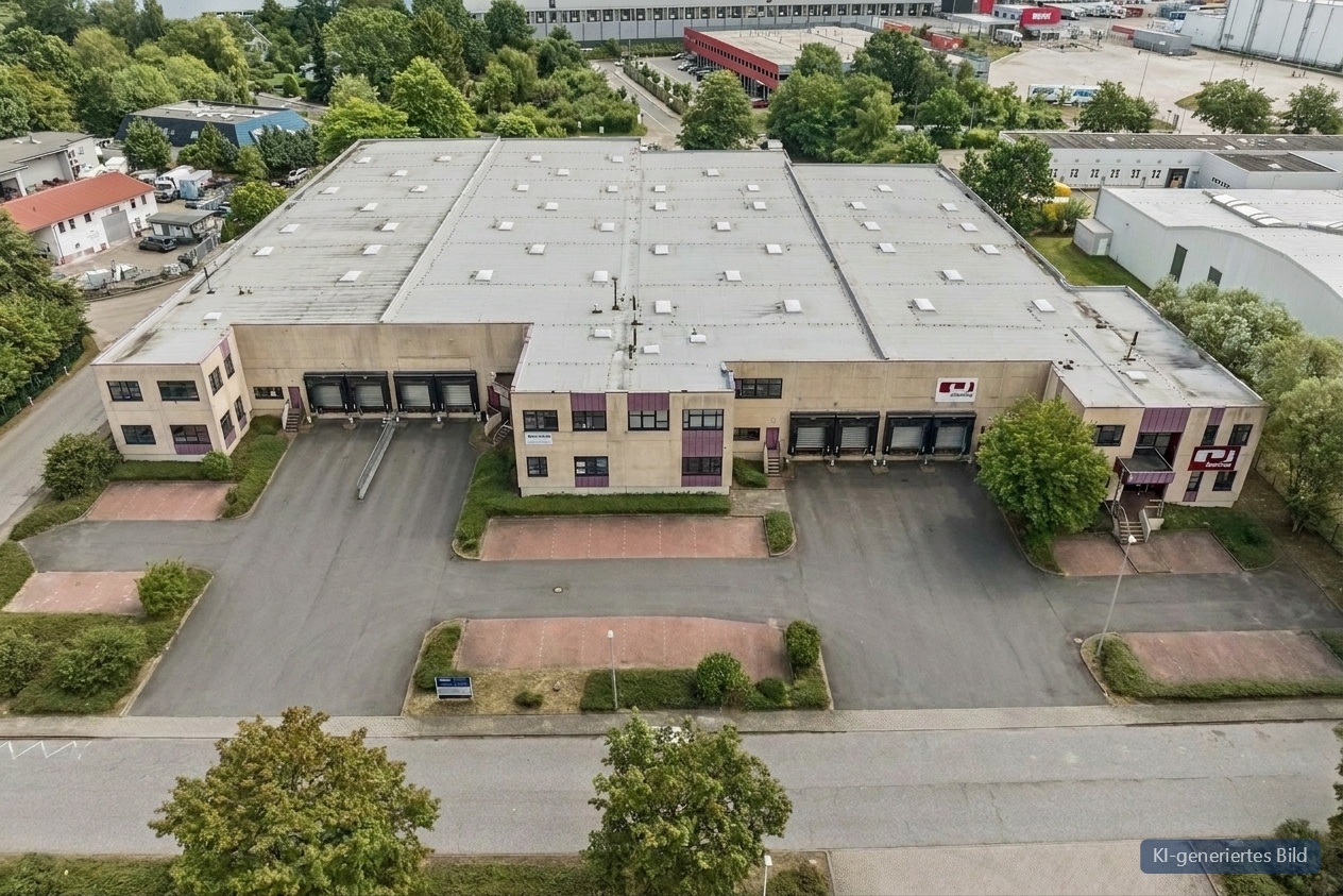 Luftaufnahme einer großen Industriehalle mit mehreren Laderampen, umgeben von Parkplätzen und Bäumen.