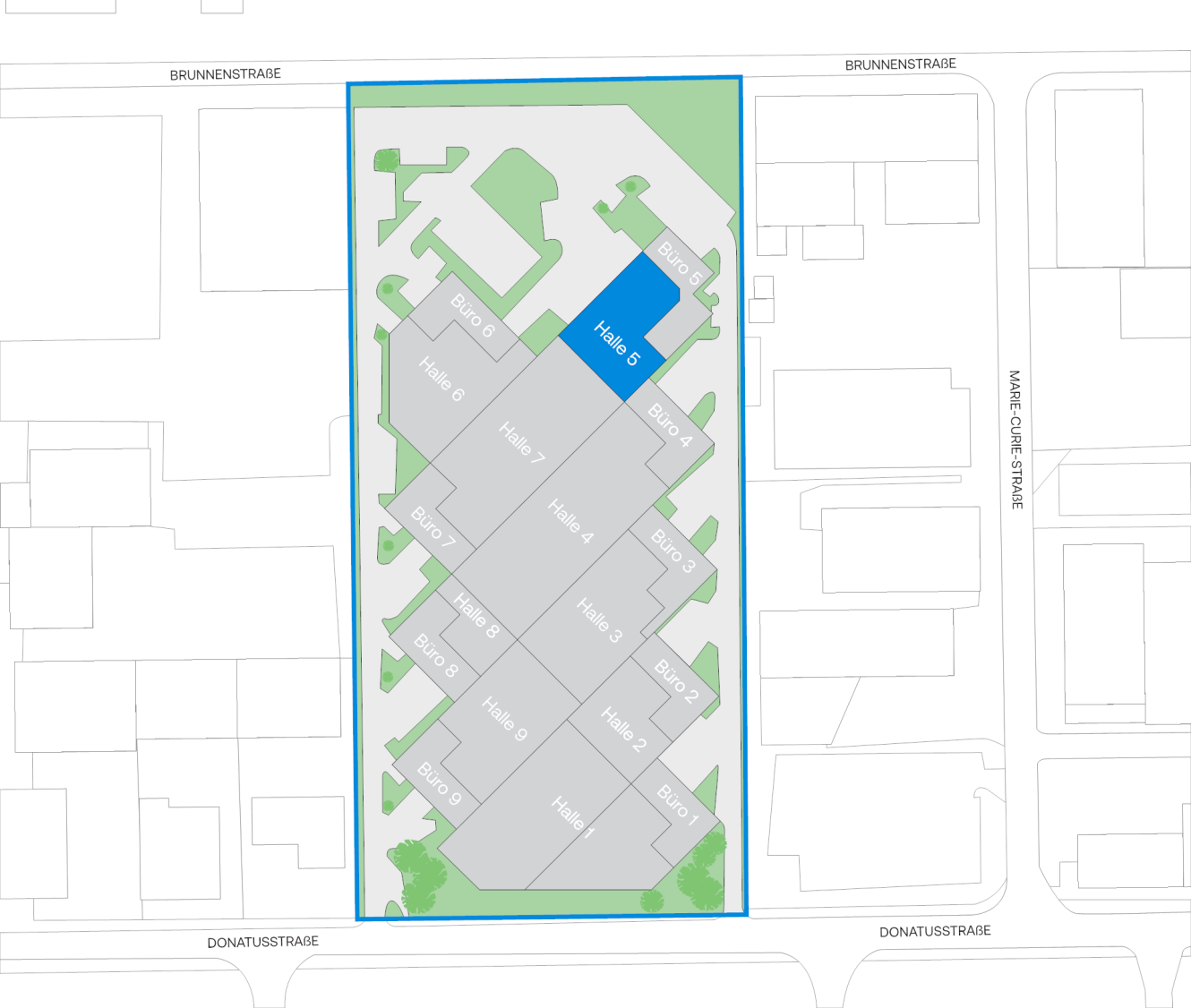 Lageplan mit mehreren beschrifteten Gebäuden (Halle 5–10, Büro 5–10) innerhalb eines umzäunten Geländes, das von der Brunnenstraße, der Donatusstraße und der Marie-Curie-Straße begrenzt wird.