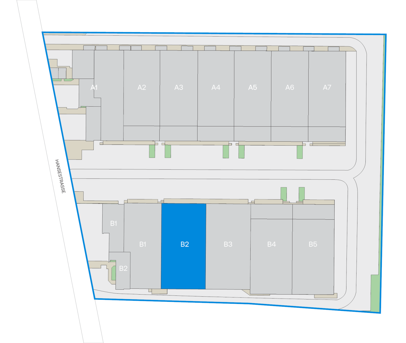 Lageplan mit mehreren beschrifteten Gebäuden, auf dem das Gebäude B2 unten in der Mitte blau hervorgehoben ist. Die Mason Street verläuft entlang der linken Seite.