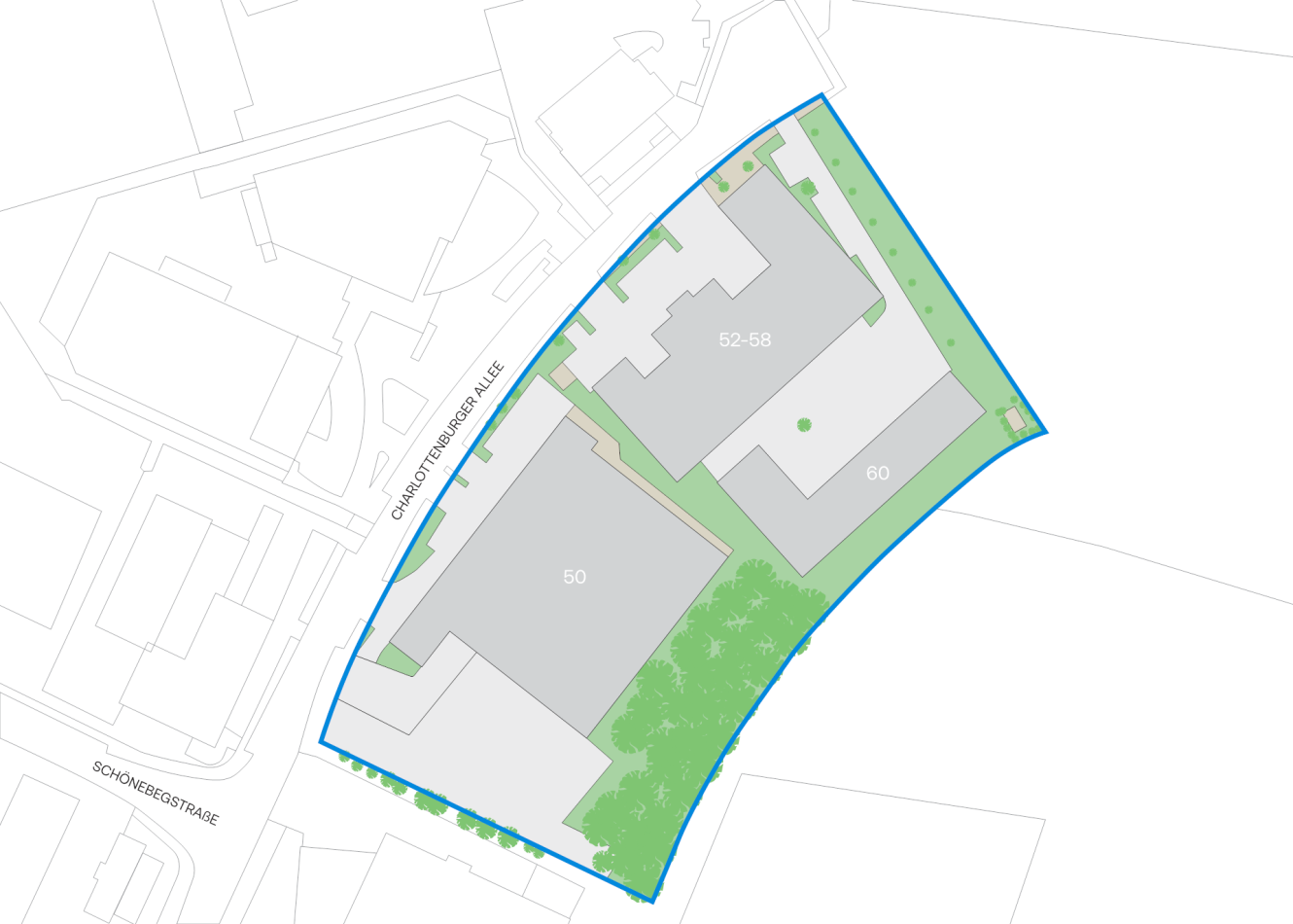 Lageplan mit drei Gebäuden, die mit den Nummern 50, 52–58 und 60 gekennzeichnet sind, umgeben von Grünflächen und begrenzt durch Straßen wie die Schönbeegstraße und die Charlottenstraße.