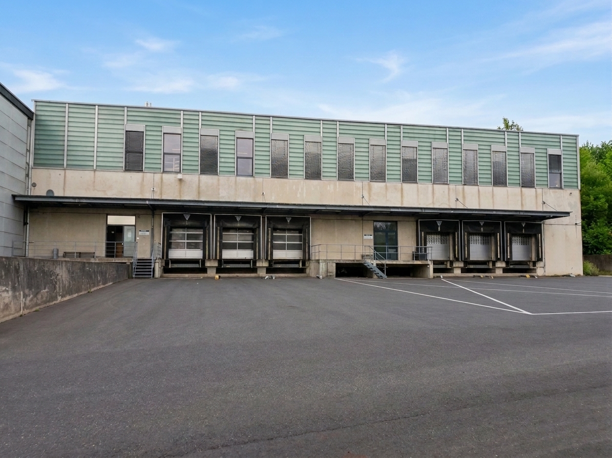 Eine Laderampe eines Lagerhauses mit fünf Ladeplätzen, einer Betonrampe und einem leeren, gepflasterten Vorplatz davor. Das Gebäude verfügt über eine Metallverkleidung und Fenster im oberen Bereich.