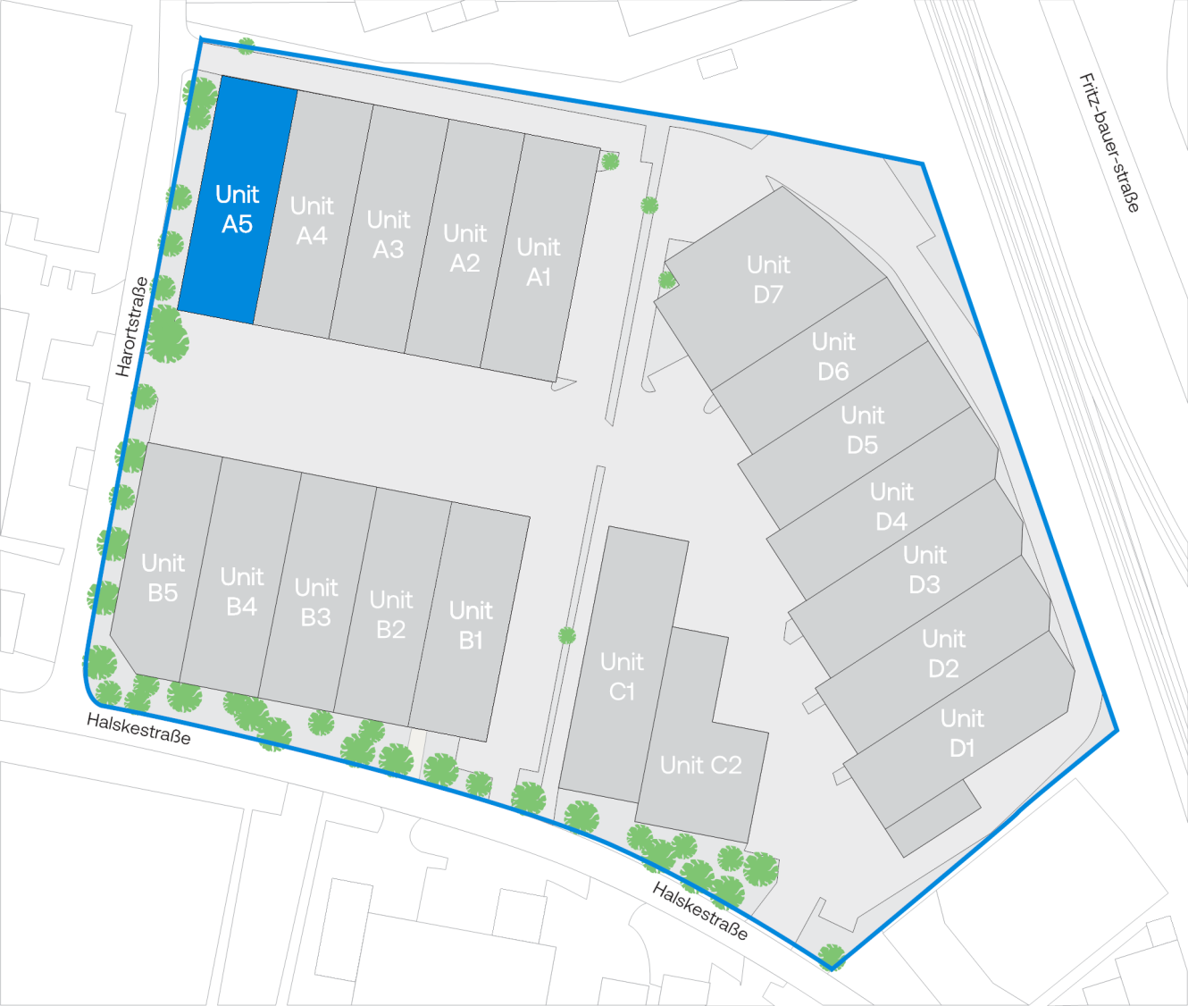 Lageplan mit mehreren beschrifteten Einheiten; Einheit A5 ist in der oberen linken Ecke blau hervorgehoben, in der Nähe der Kreuzung von Hafenstraße und Halskestraße.