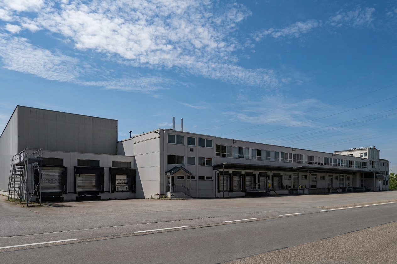 Große Industriehalle mit mehreren Laderampen und einer Außentreppe unter teilweise bewölktem Himmel.