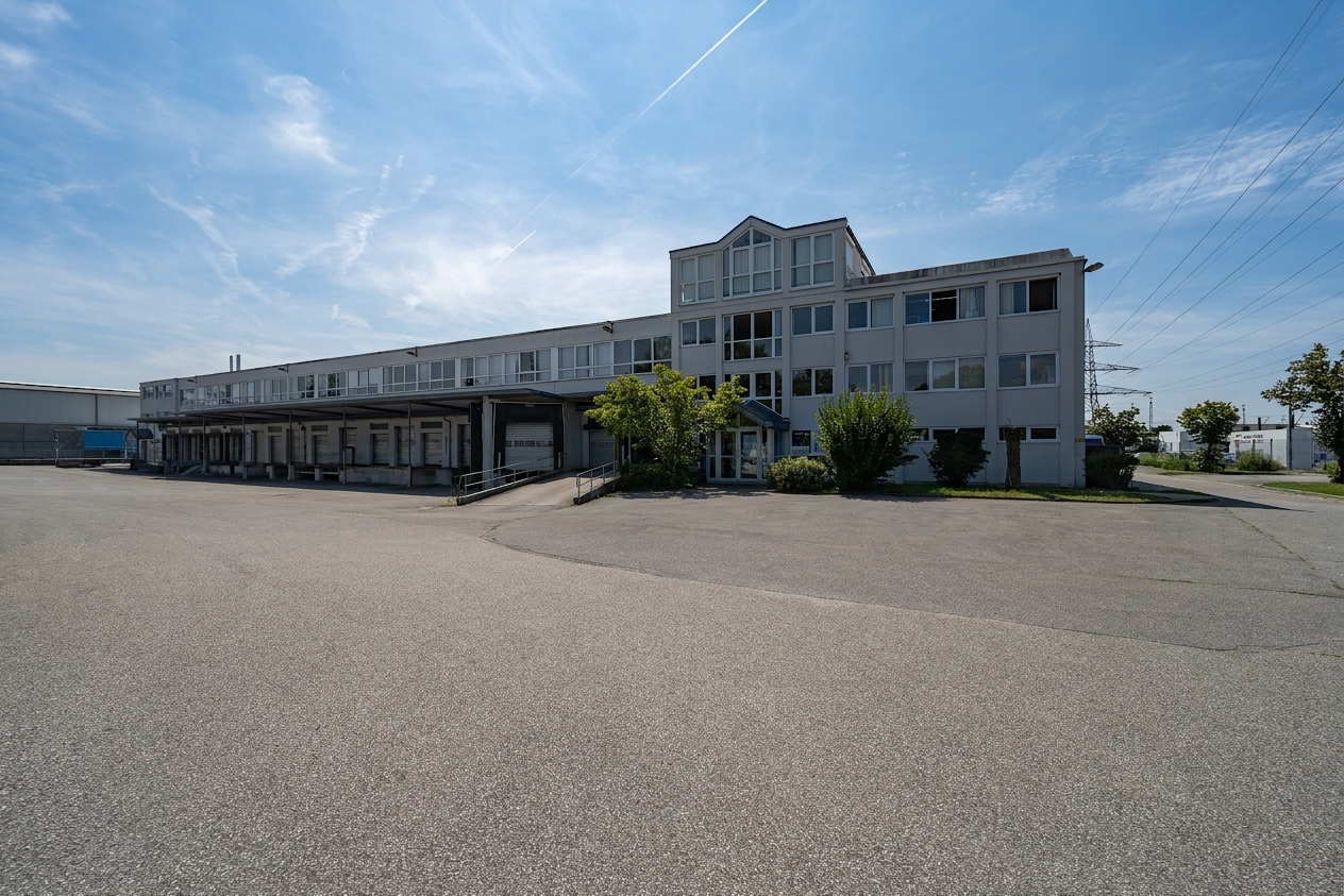 Ein großer, leerer Asphaltplatz vor einem grauen, zweistöckigen Industriegebäude mit zahlreichen Fenstern und einer Laderampe unter strahlend blauem Himmel.