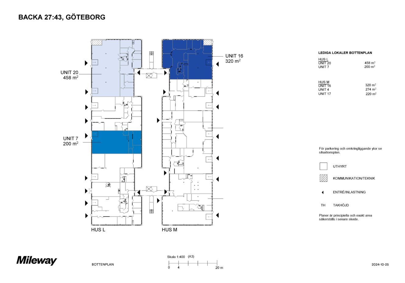 Planritning över Backa 27:43, Göteborg, där de lediga lägenheterna 7, 8 och 16 är markerade i blått med ytor angivna i kvadratmeter. Övriga utrymmen och detaljer är markerade i svart och vitt.