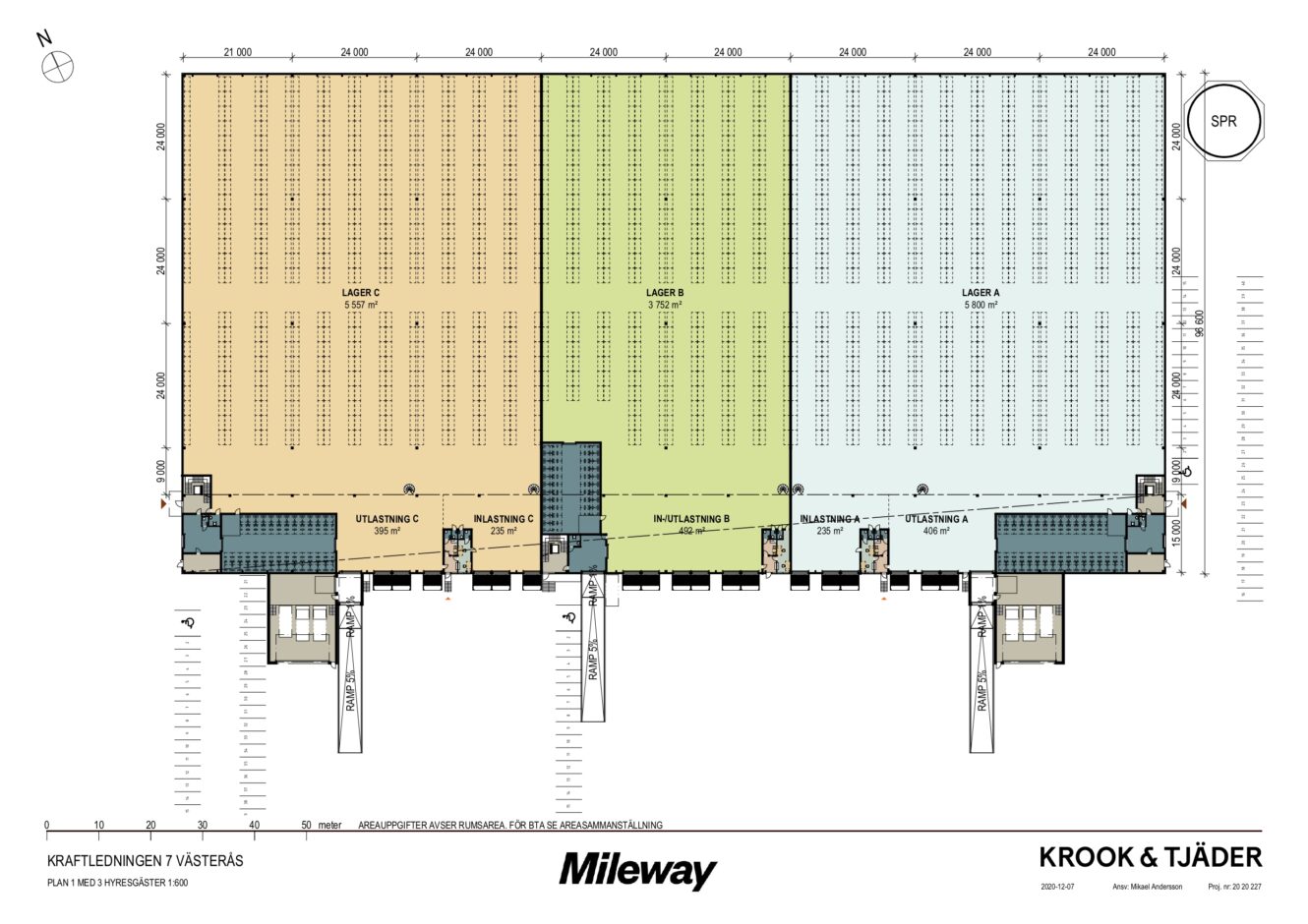 Arkitektonisk planritning över en lagerlokal indelad i fyra märkta områden (A, B, C, D), med entréer, kontorsdelar och mått markerade överallt.