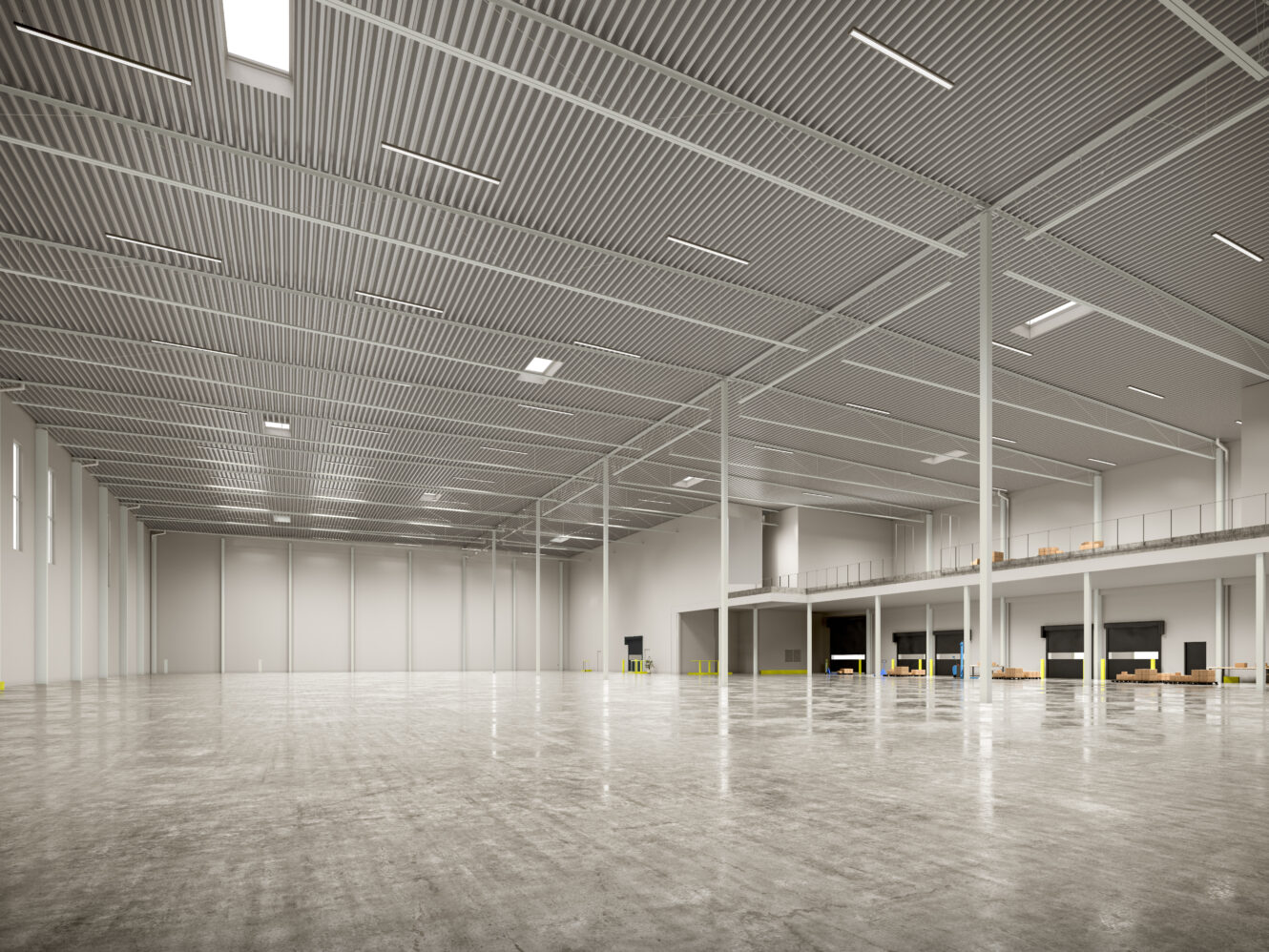 Rymlig, tom lagerlokal med högt i tak, synliga bjälkar, polerat betonggolv, lastkajer och mezzaninplan med förvaringsboxar.