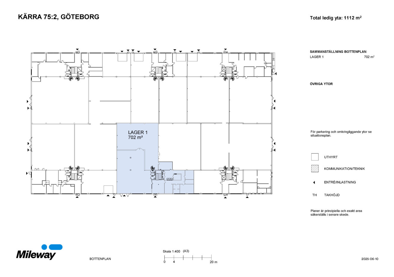 Planritning över Kärr 75:2 i Göteborg som markerar LAGER 1-ytan på 702 m² i blått, med omgivande sektioner och teckenförklaring som anger olika användningsområden.