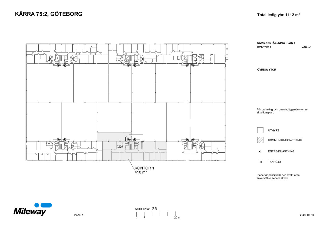 Planritning över kontorsbyggnad i Göteborg med enhet KONTOR 1 på 410 m², med teknisk teckenförklaring och total tillgänglig yta markerad som 1112 m². Mileways logotyp längst ner till vänster.