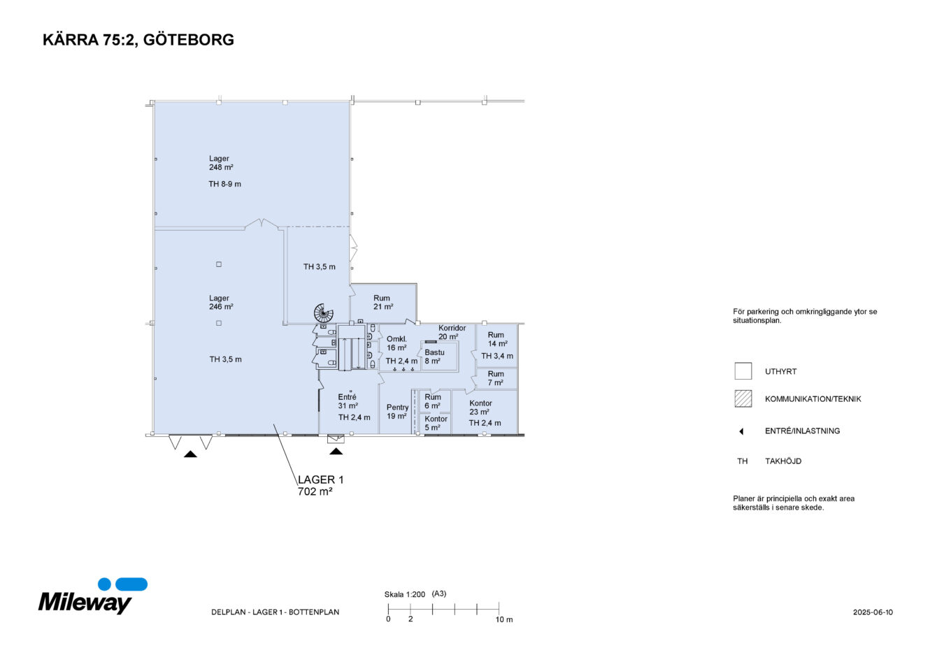 Planritning över en lagerlokal i Göteborg med beteckningen "KÄRRA 75:2" som visar lagerutrymmen, kontorsrum, entréer och kommunikationsytor med mått i kvadratmeter.