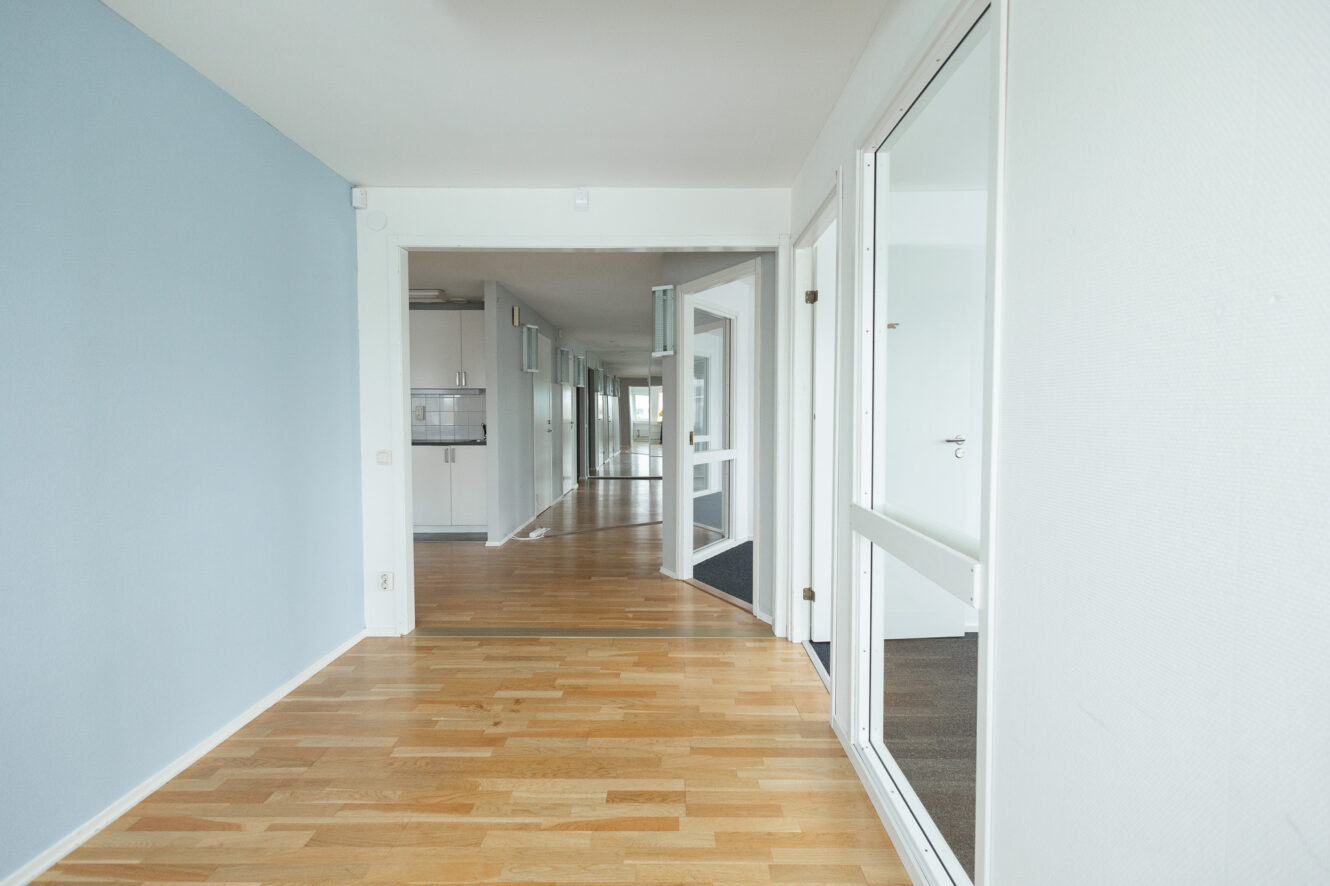 En hall i en modern byggnad med ljusa trägolv, vita väggar och glasdörrar som leder till angränsande rum.