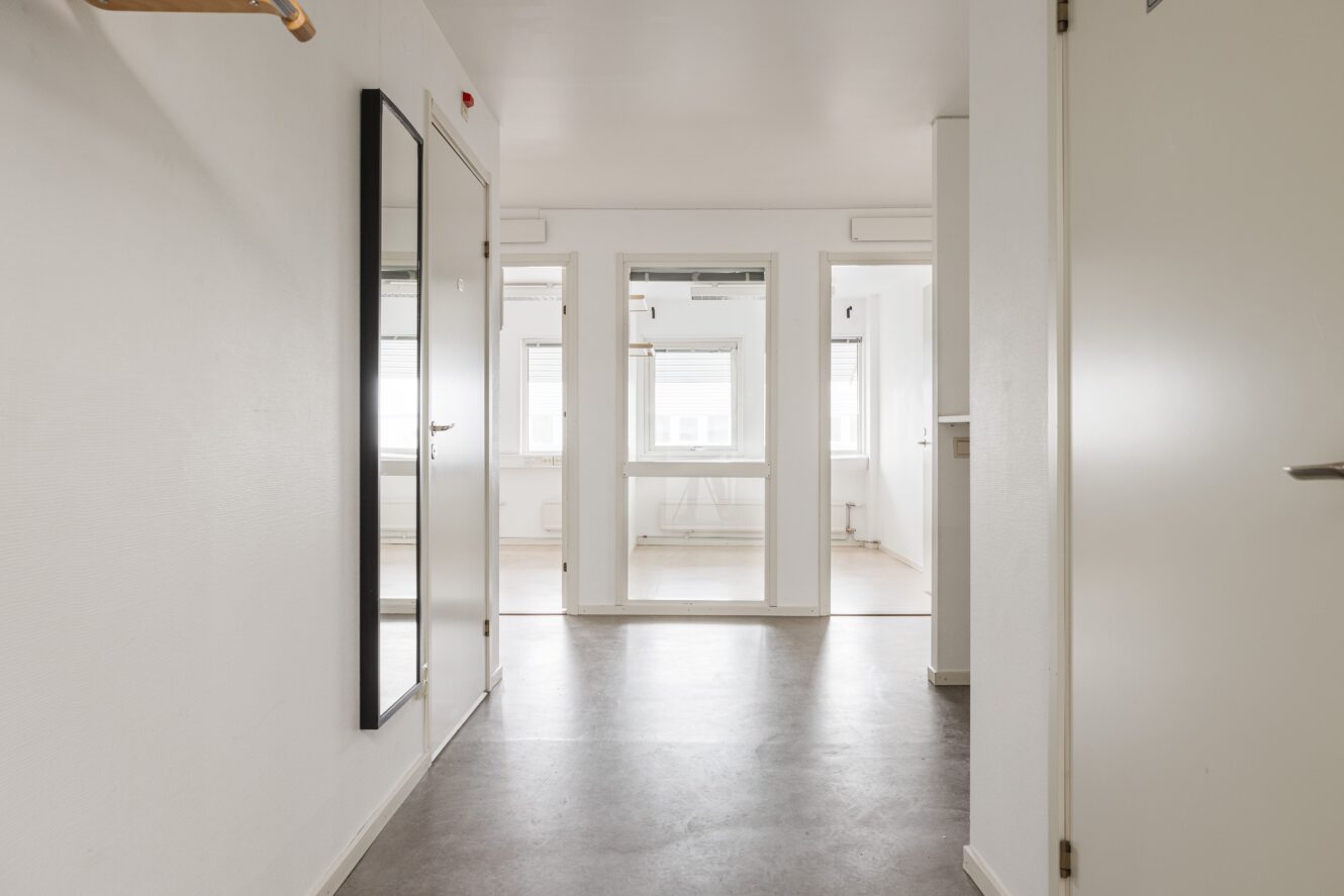 En hall med en väggspegel och dörrar som leder till ljusa rum med stora fönster; interiören är minimalistisk med vita väggar och grått golv.