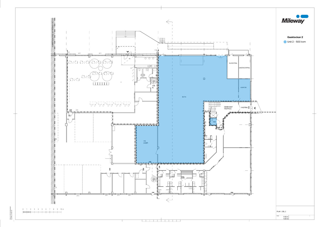 Planritning med en blåskuggad sektion som anger en specifik enhet eller yta inom den större byggnadsplanen, märkt som Enhet 2 med 3.500 kvm.