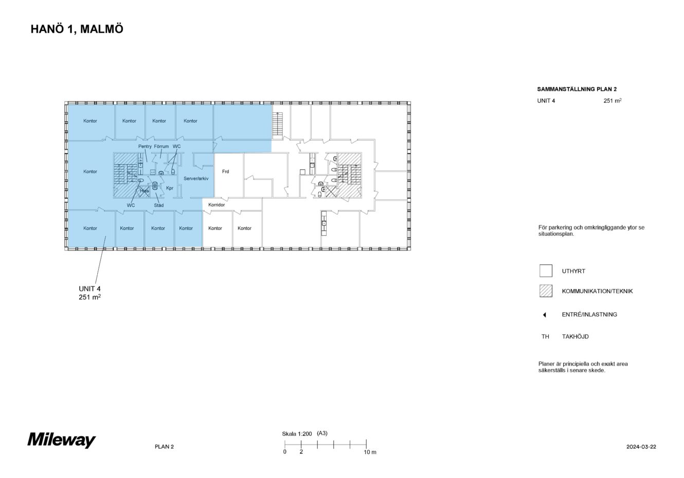 Planritning över Hanö 1 i Malmö med enhet 4 markerad med blått, visar olika rum och korridorer; enhetens yta är 251 m².