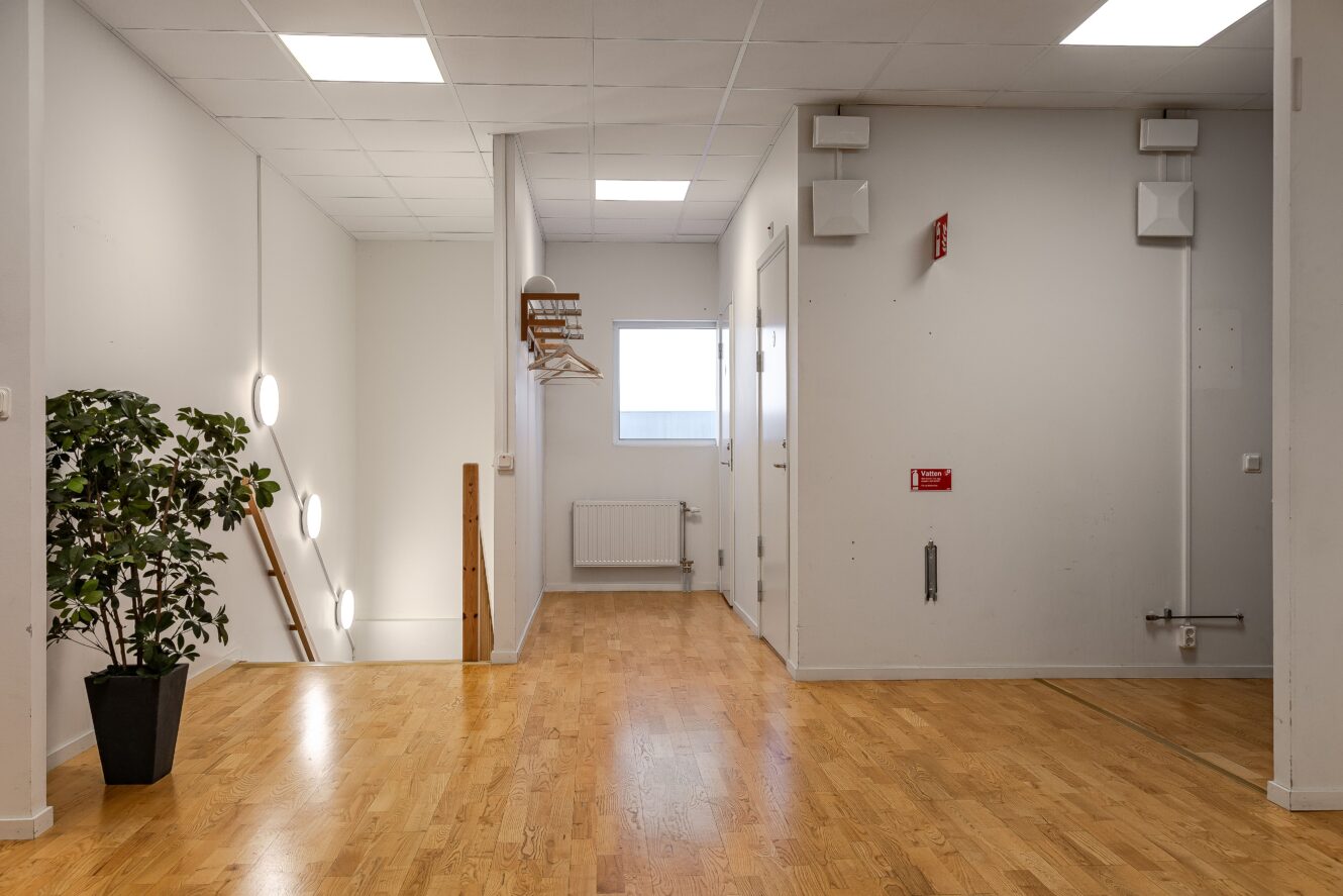 En ljus hall med trägolv, vita väggar, en krukväxt, klädhängare, vägglampor och synliga rör.