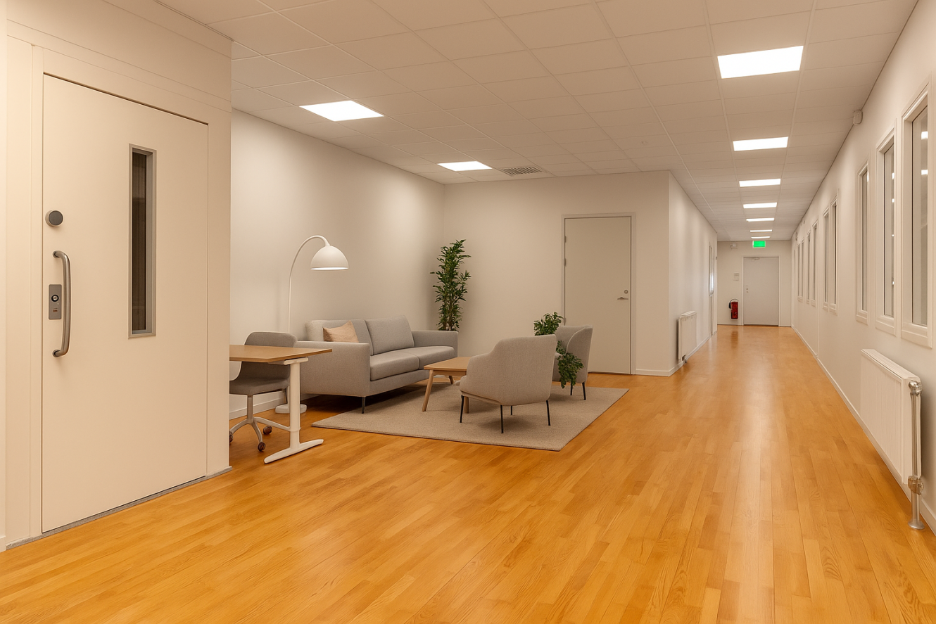 En modern hall med trägolv, vita väggar, en liten sittgrupp med gråa stolar och en soffa, krukväxter och taklampor.