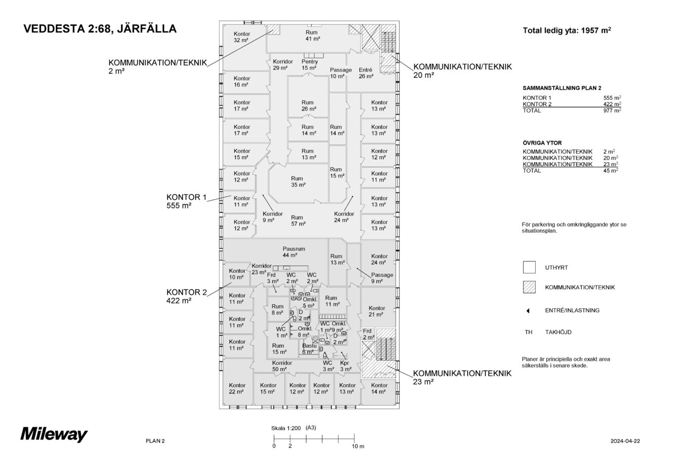 Planritning över kontorsbyggnad på Veddesta 2:68, Järfälla, som visar flera kontorsrum, gemensamma utrymmen, entréer och en total tillgänglig yta om 1957 kvadratmeter.