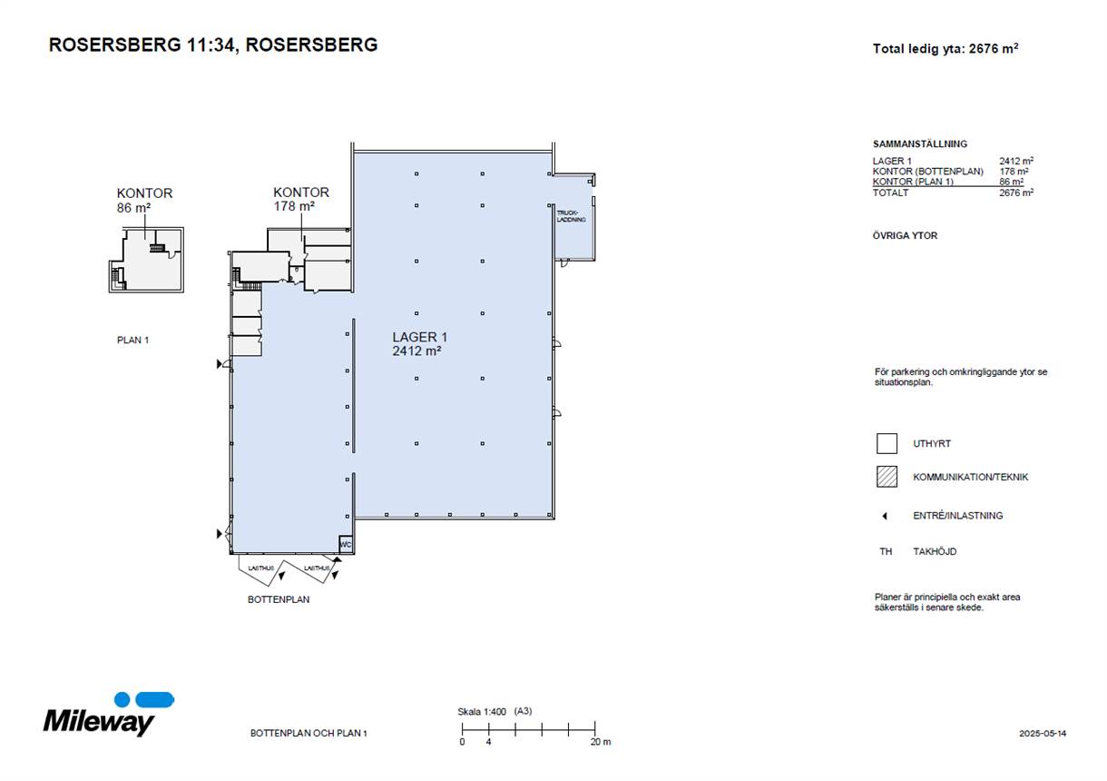 Planritning över en lageranläggning i Rosersberg som visar Lager 1, Kontor och Lager 2, med mått och ytor angivna i kvadratmeter. Mileways logotyp i hörnet.
