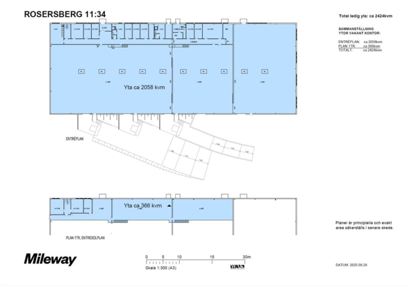 Situationsplan över Rosersberg 11:34 som visar två byggnader med betecknade ytor om cirka 2058 kvm respektive 386 kvm, entréer samt skala i meter.