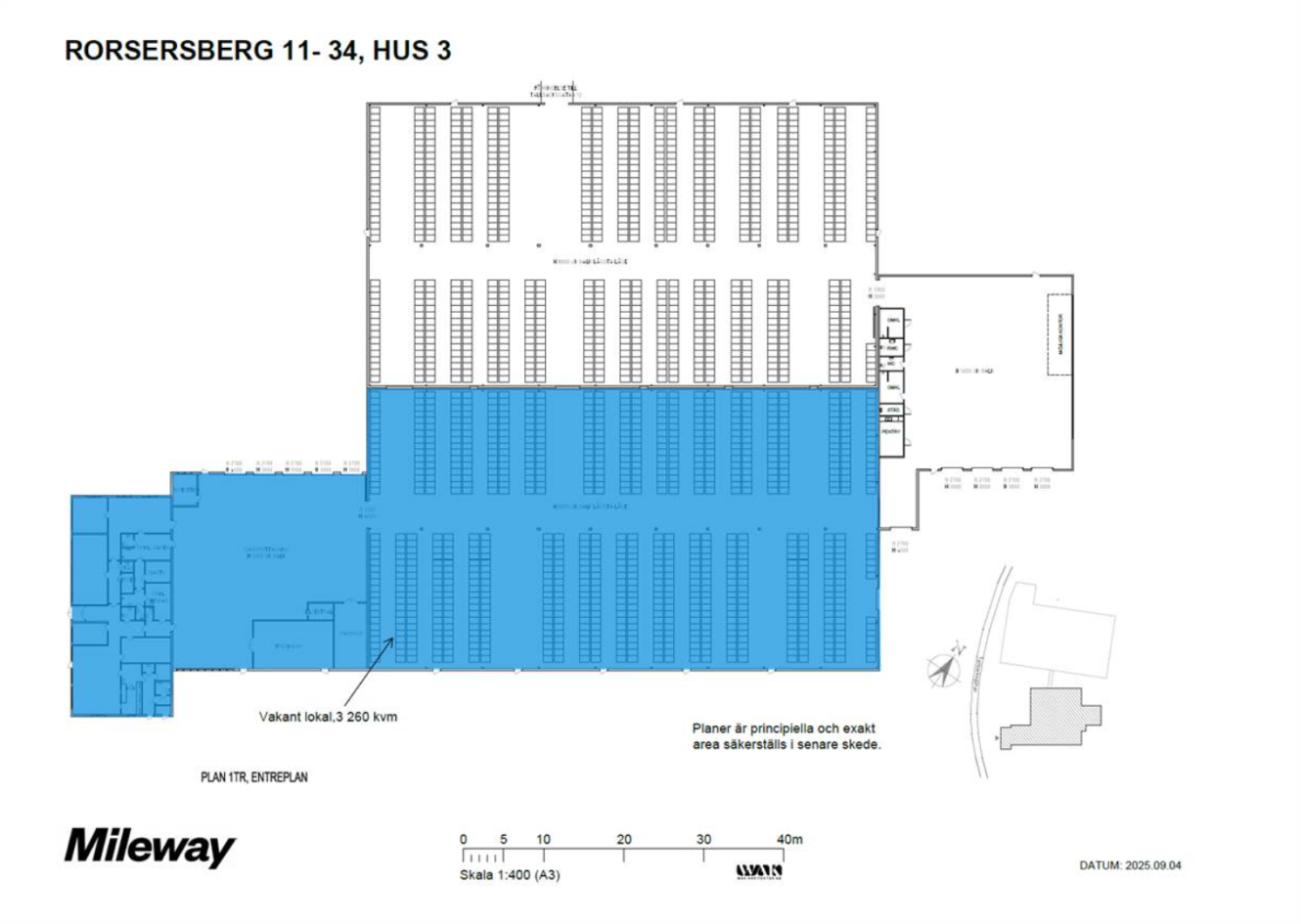 Planritning över Rorsersberg 11-34, Hus 3 som visar en stor lagerlokal med ställage och en blåskrafferad vakant yta om totalt 3.259 kvm; inkluderar en liten inskjuten byggnadskarta.