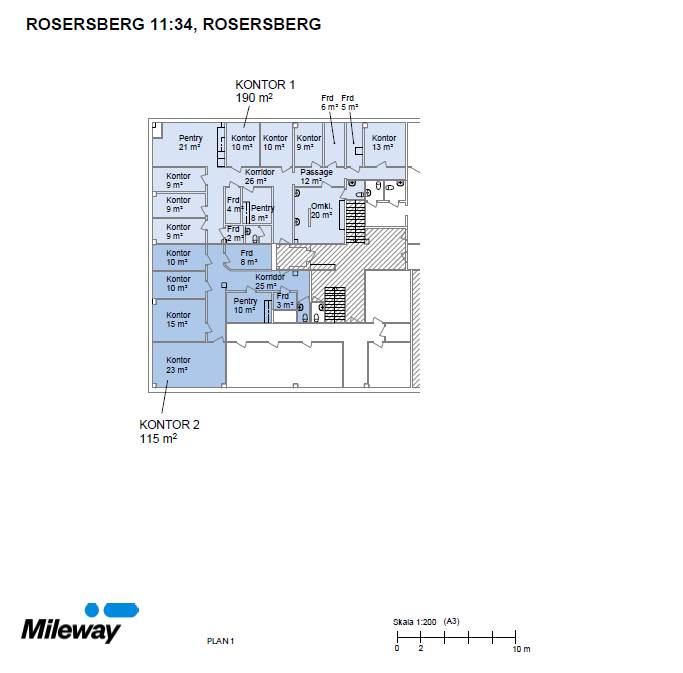 Planritning över en kontorslokal i Rosersberg med rumsbeteckningar, storlekar i kvadratmeter och indelning av Kontor 1 (190 m²) och Kontor 2 (115 m²). Mileways logotyp längst ner till vänster.