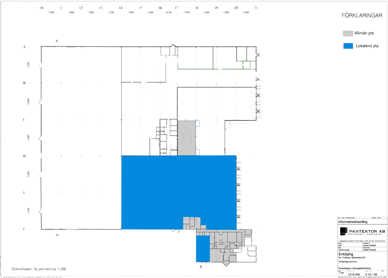 Planritning med markerade sektioner; ett stort område i blått representerar Lokalens yta och resterande områden i vitt och grönt representerar Allmän yta.