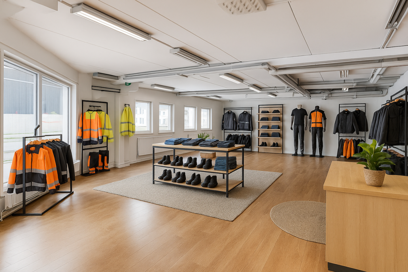 I ett showroom visas varseljackor, säkerhetskläder och arbetsskor på ställningar, hyllor och skyltdockor i ett ljust rum med trägolv.