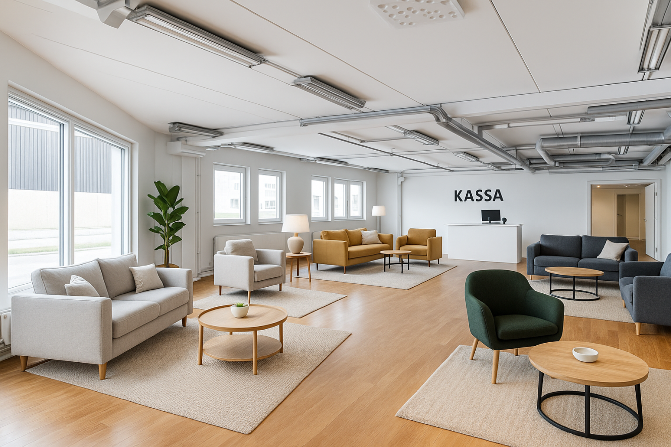 Modernt väntrum med soffor, fåtöljer, soffbord, krukväxt, stora fönster och en receptionsdisk märkt KASSA i ett ljust och rymligt rum.