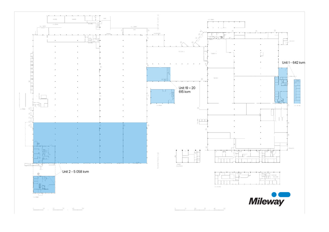 Planritning över en stor byggnad med flera enheter; enhet 2, 9-20 och 8 är markerade med blått och har en yta på 5.068 kvm, 665 kvm respektive 642 kvm. Mileways logotyp längst ner till höger.