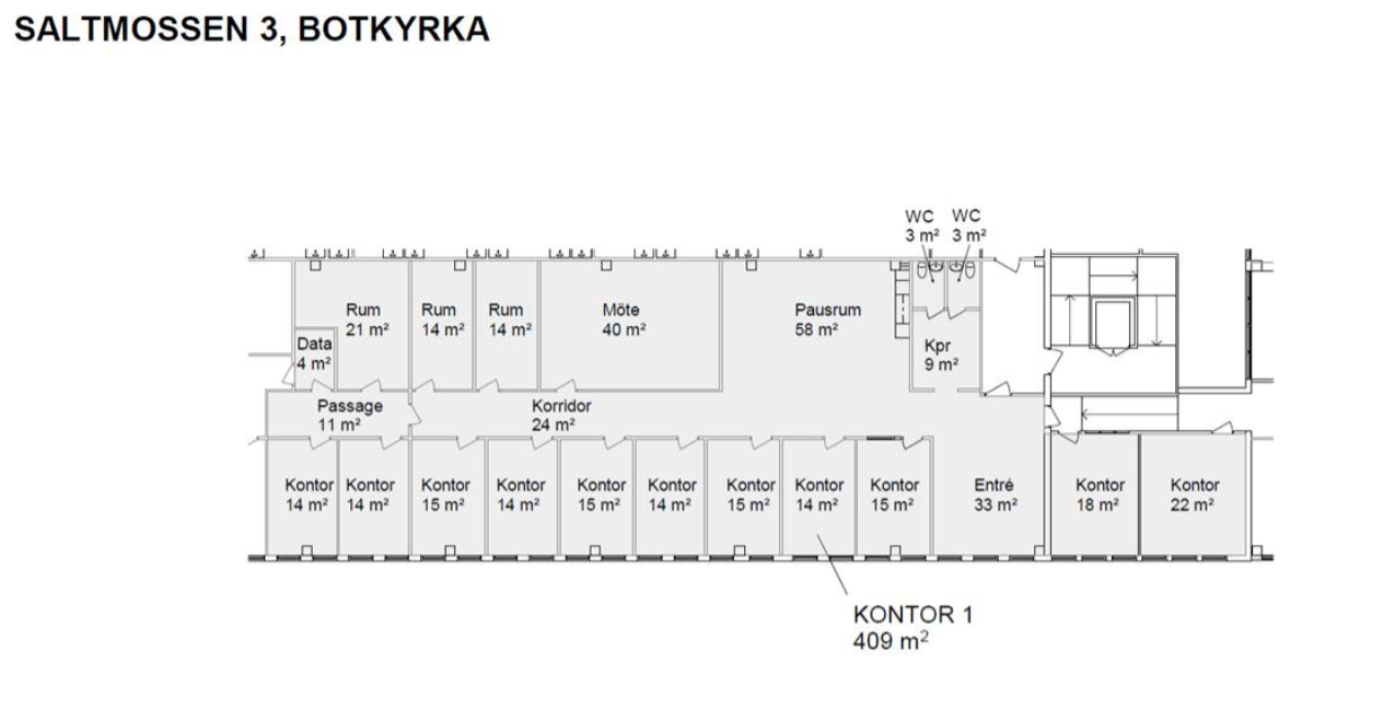 Planritning över Saltmossen 3, Botkyrka, som visar märkta rum, kontor, mötesplatser, korridorer, kök, toaletter och entréer med respektive kvadratmeterstorlek.