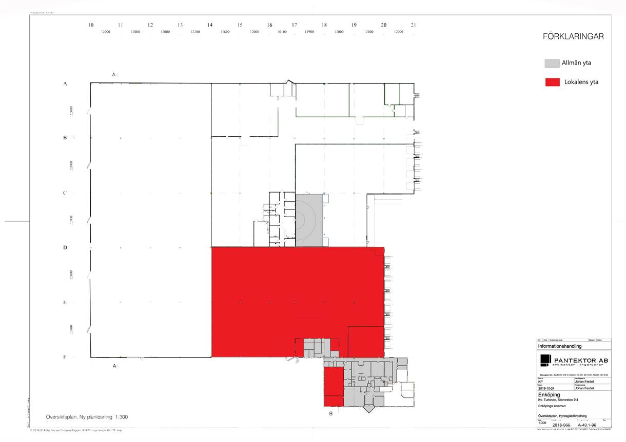 En planritning med en större del markerad i rött, benämnd Lokalens yta, och en mindre del i grått, benämnd Allmän yta.