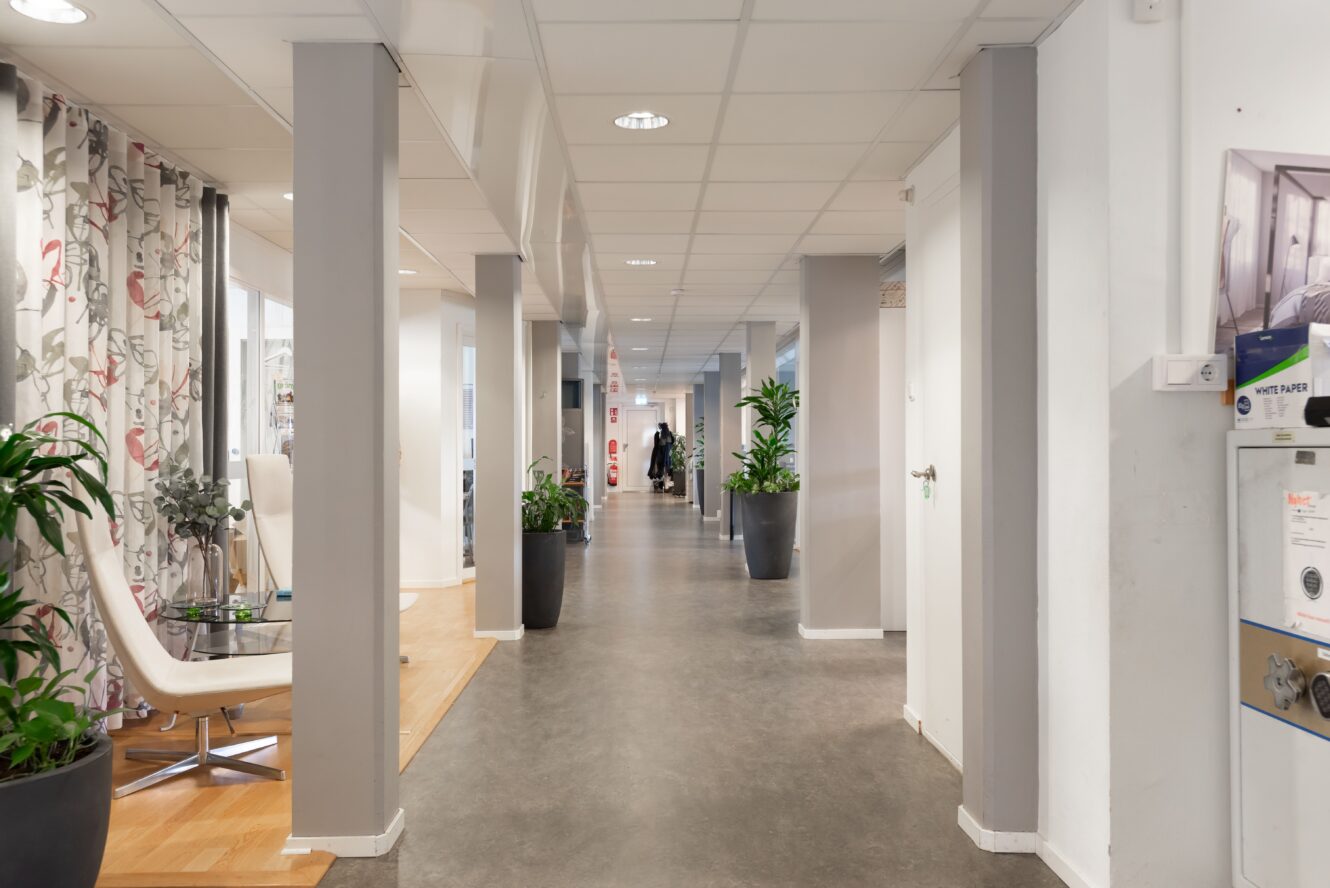 Modern kontorskorridor med grått golv, vita väggar, taklampor, inomhusväxter och stolar på vänster sida.