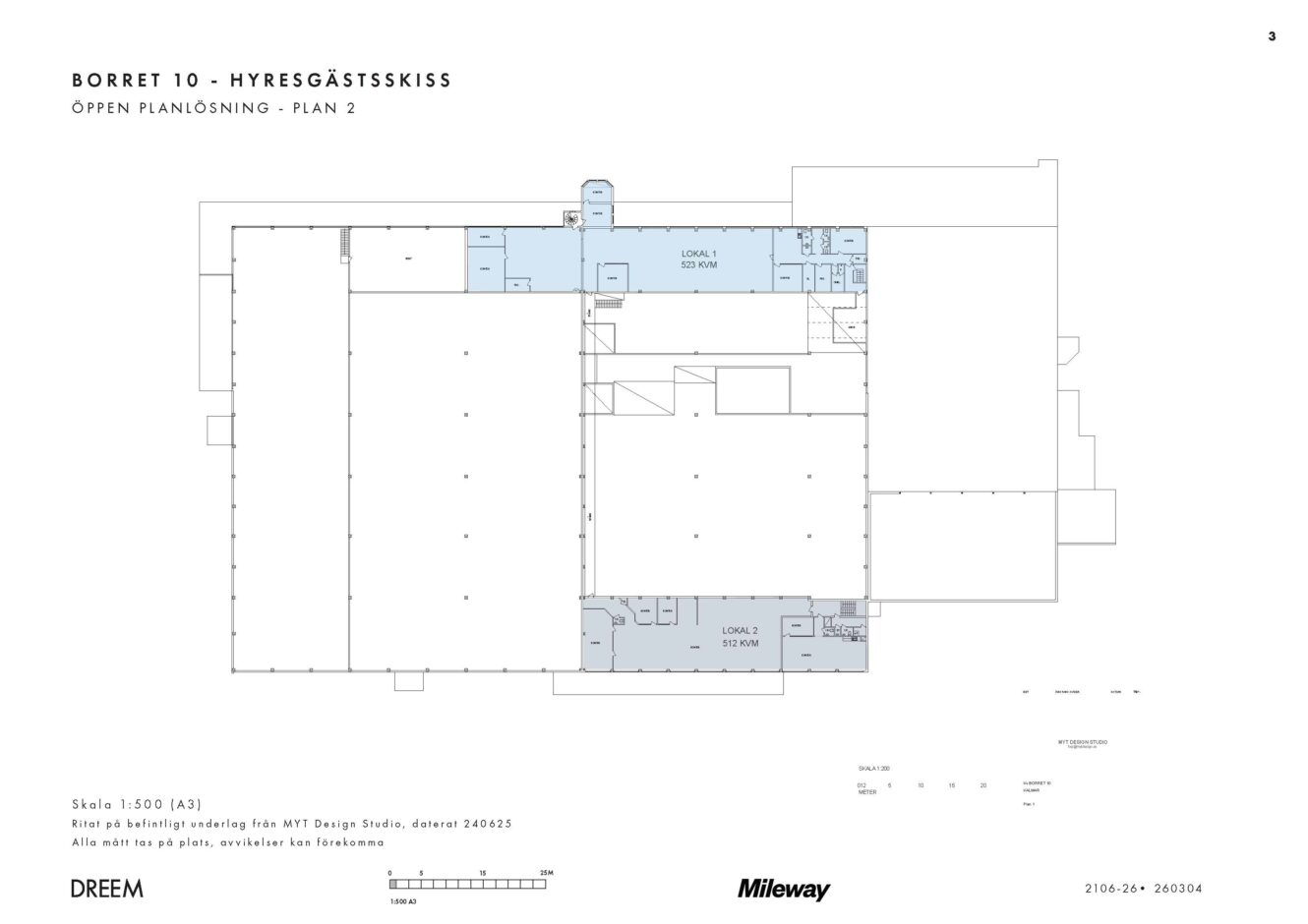 Planritning över BORRET 10, plan 2, som visar hyresgästutrymmen och gemensamma utrymmen markerade i ljusblått, med rummen betecknade. Skala och projektinformation anges längst ned.