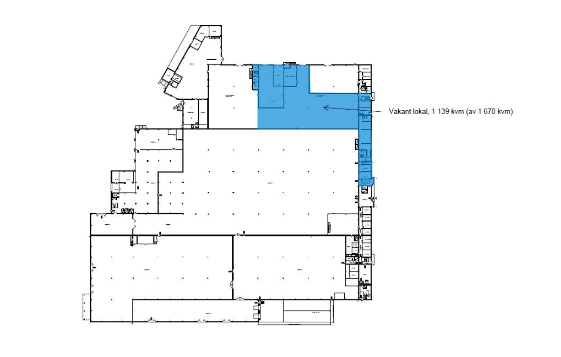 Planritning som markerar en ledig enhet på 1 139 m² (upp till 1 670 m²) i blått på den övre högra sidan.